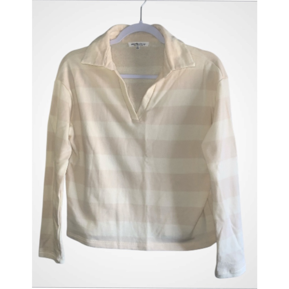 Workshop Republic Clothing Cream Broad Striped Collared Fleece Pullover Top SP